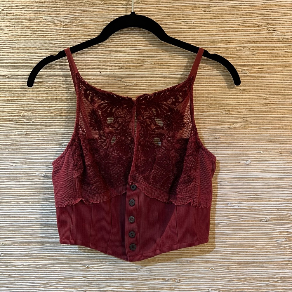 Free people crop lace red burgundy button up boho top tank Small